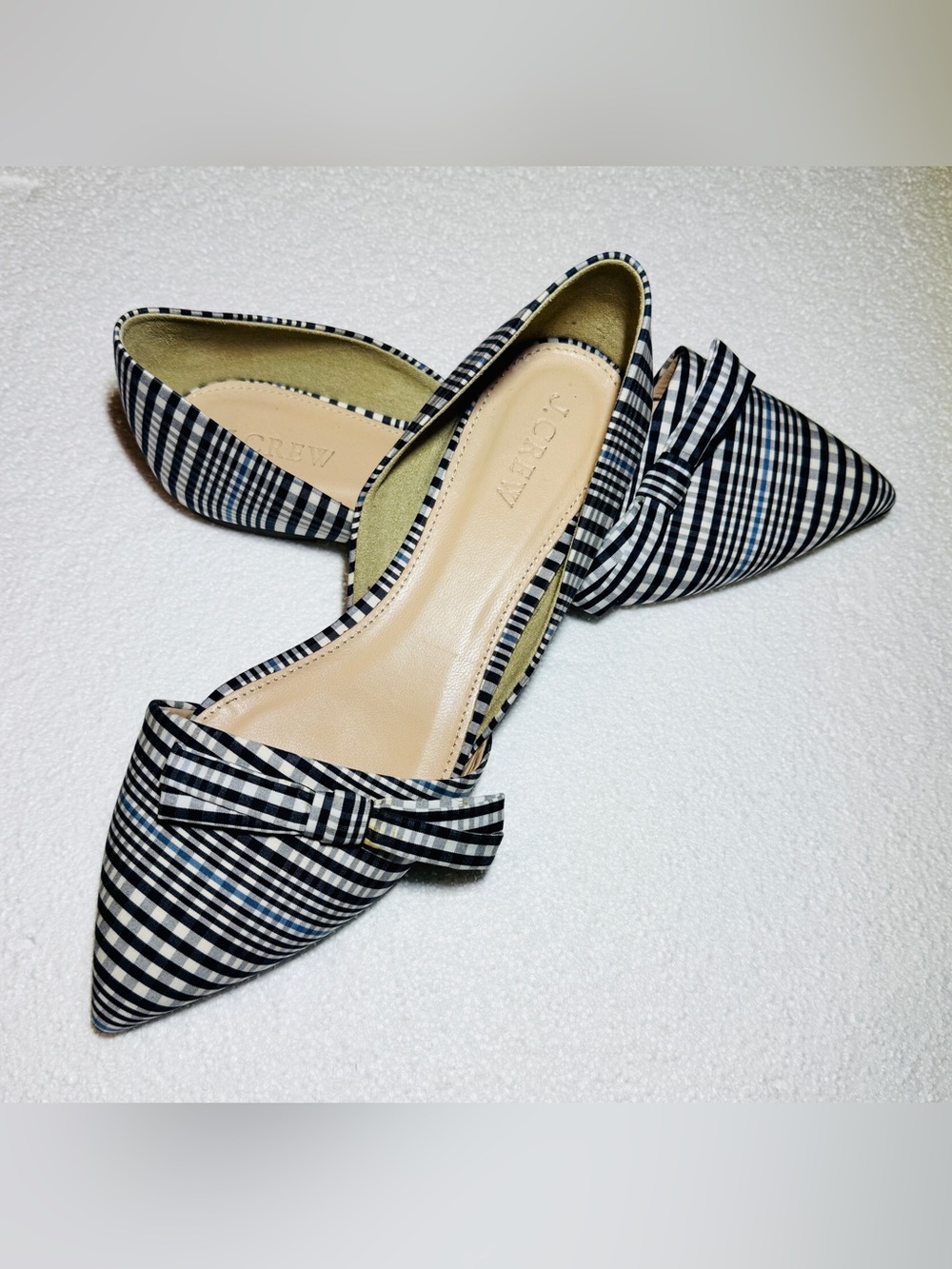 J. Crew Navy Black and White Gingham Bow D'Orsay Flats